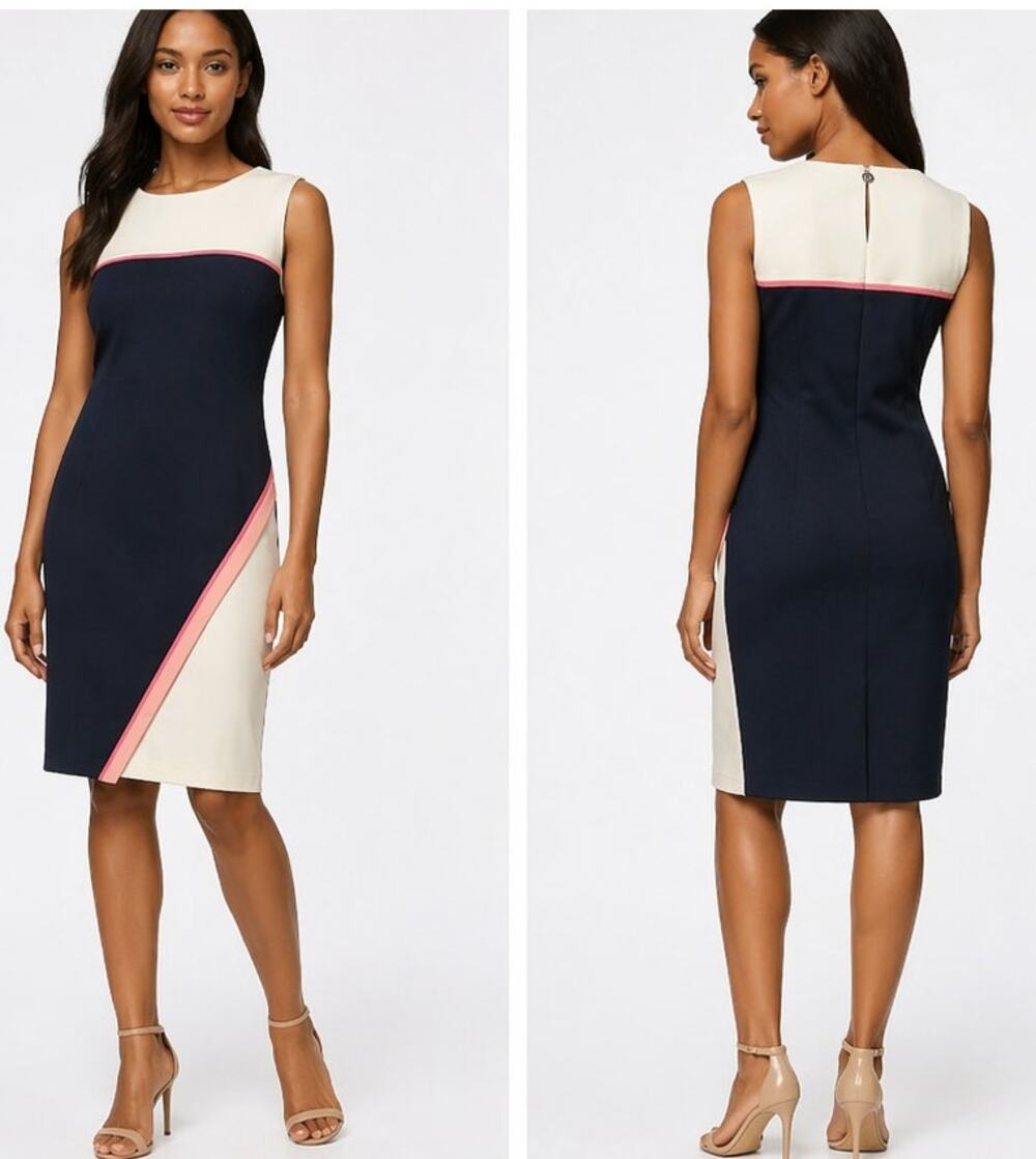 Tommy Hilfiger Colorblock Sheath Dress Navy Cream Pink Sleeveless Size 16